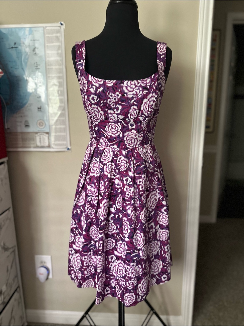 Sleeveless Purple Floral Square-Neck Dress